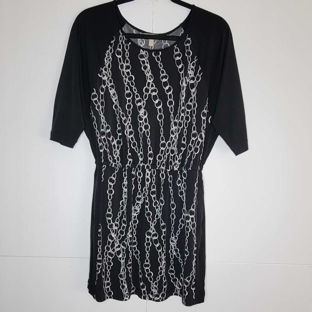 Banana Republic Petite XS Chain Print Dress Black White 3/4 Sleeve